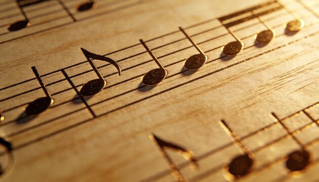 Showing musical staff with eighth and quarter notes on textured paper, catching warm right light