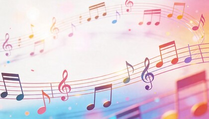 Fototapeta na wymiar Sweeping curved musical staves flowing across music wallpaper, colorful notes and treble clefs