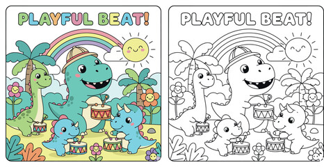 Adorable Cartoon Dinosaurs Creating a Playful Beat with Drums on a Sunny Tropical Beach © MstSangita