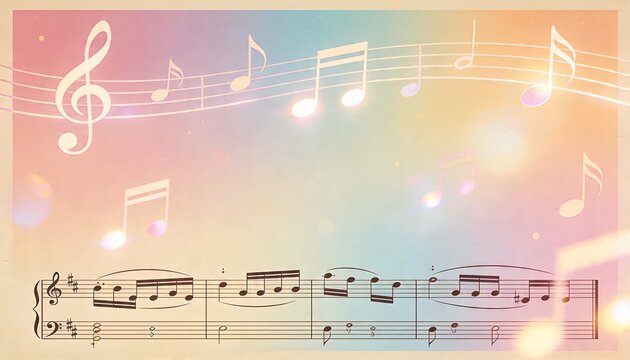 Featuring printed grand staff and piano notation on pastel poster background, treble clef shining
