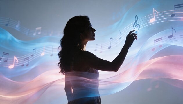 Reaching female silhouette in strappy dress tracing musical staff and ribbons on stage, treble clef