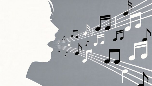 Singing white silhouette woman projecting music staff and notes across gray field, copy space