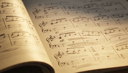 Fototapeta premium Displaying open music score lying on desk under warm lamp, showing printed notation and smudges