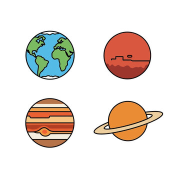 Earth mars jupiter saturn planet icons, world and celestial bodies symbols.