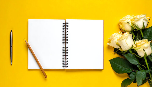 Open blank notebook with pen and pencil beside a bouquet of white roses on a vibrant yellow background, top down view, ready for writing or planning