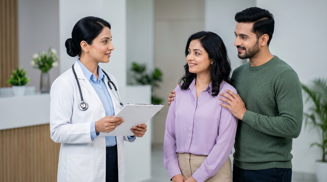 experienced indian female ivf specialist consulting young couple in modern fertility clinic for infertility treatment reproductive healthcare and family planning concept