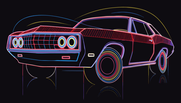 Very beautiful abstract glowing neon wireframe illustration of a classic American big-block V8 muscle car with vibrant synthwave lighting, cyberpunk reflections, and futuristic retro automotive atmosp