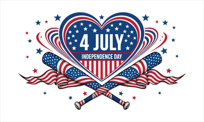 Obraz premium Heart shaped american flag with baseball bats and fireworks for 4th of july, independence day