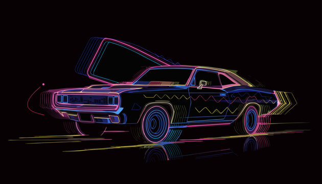 Very beautiful abstract glowing neon wireframe illustration of a classic American big-block V8 muscle car with vibrant synthwave lighting, cyberpunk reflections, and futuristic retro automotive atmosp