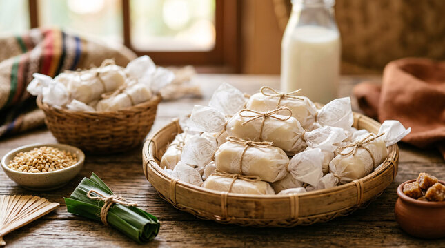 Traditional wrapped carabao milk candies displayed in a woven basket.