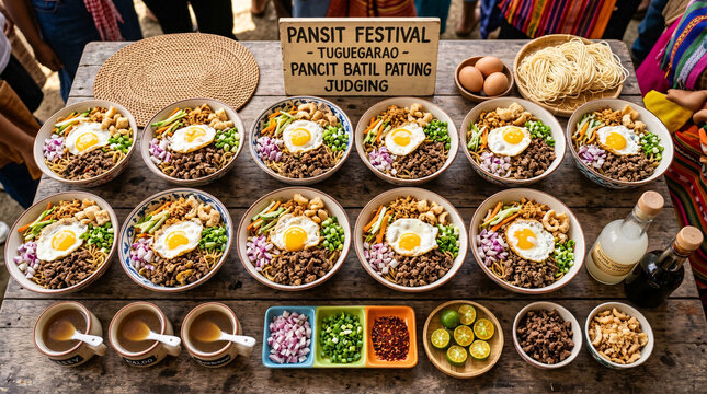 Pancit batil patung bowls arranged for a Tuguegarao festival judging table.