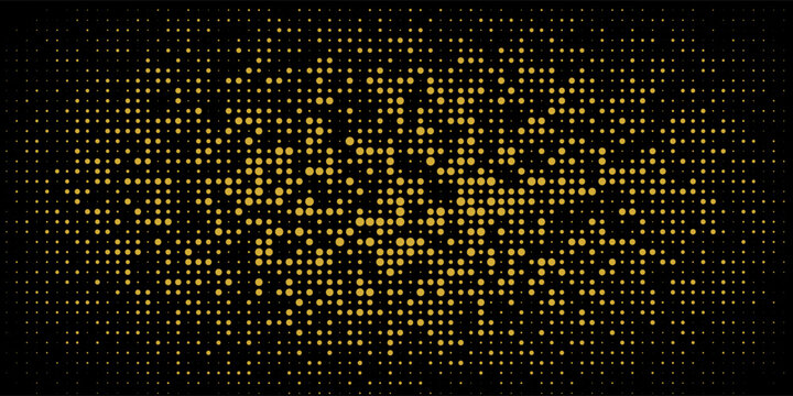 Abstract luxury banner with golden glittering dots on black background. Sparkling glitter bottom border, vector frame. Halftone effect. Magical gold dust. Pop art style backdrop.