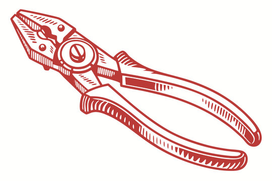 Red illustration of a pair of pliers with a white background and a circular object on the handle