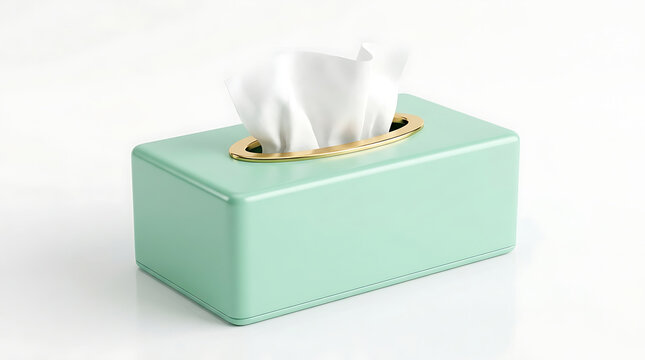 Elegant light mint green rectangular tissue box with a decorative gold braided rim and patterned base white facial tissues on a white background home decor personal care living room