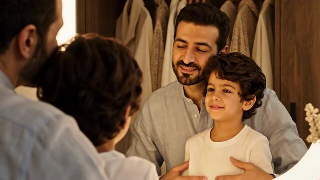 Father day moment in wardrobe mirror with dad and young son, neat dark wavy quiff hairstyle, warm dressing room light, proud family reflection, gentle support, stylish home bonding scene, soft glow