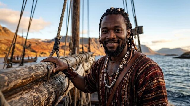 Tracking shot of man leaning on rail smiling while holding wooden mast on ship deck in coastal fjord at golden hour