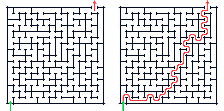 Maze solving puzzle with start and finish paths shown on grid layout in black and white