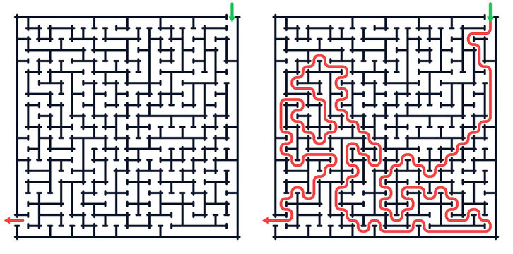 Solving a maze with a clear path marked in red on a black and white grid design showing the start and finish points in a simple layout