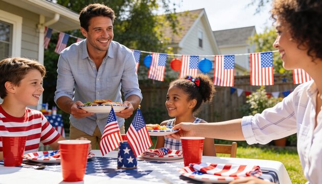 Serving dad in blue shirt passing plate at backyard table with star-spangled cloth and red cups