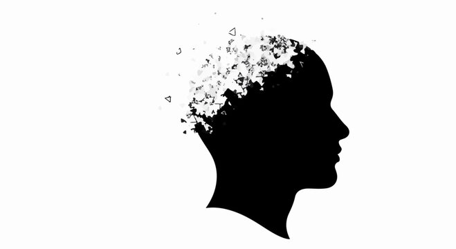 Silhouette of a head dissolving into abstract particles, representing fragmented memory or loss of thought.