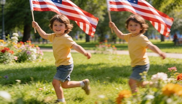 Running siblings in yellow shirts, denim shorts, waving handheld American flags through sunny park