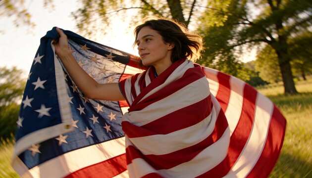 Wrapping adult female holding American flag at park, sunlight creating rim light with grass, trees