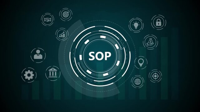 Visual representation of SOP concept with digital icons for standard, operating, and procedure in a business environment.4k quality animation video