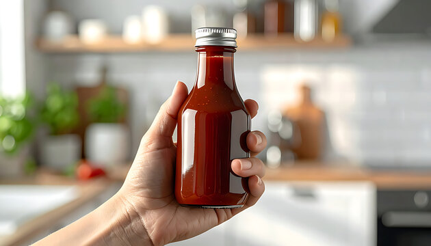 Hand holding a glass bottle of rich brown barbecue sauce with a silver cap, kitchen background