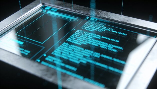 Displaying glass touchscreen panel in metal bezel on dark reflective console, showing cyan UI code