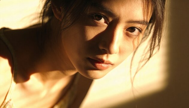 Gazing Asian woman meeting camera near plain wall in warm light, camisole showing collarbone