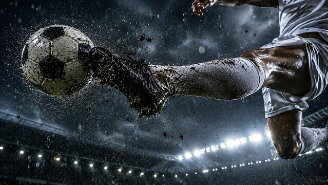 Football tackle with flying mud during intense soccer match