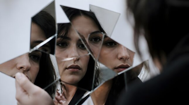 Sad woman looking at her face in broken mirror shards for mental health concept and fractured identity representation.