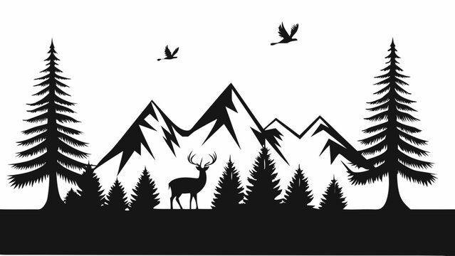 Black silhouette of deer and trees with mountains
