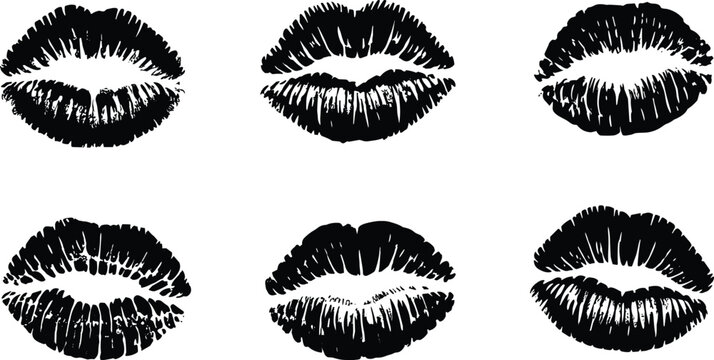 Six Black Lipstick Kiss Marks On White Background imprint