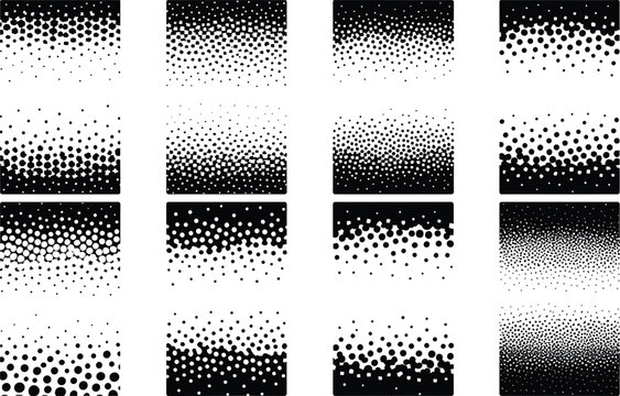 Sixteen black and white halftone dot pattern variations with varying density and gradient dots