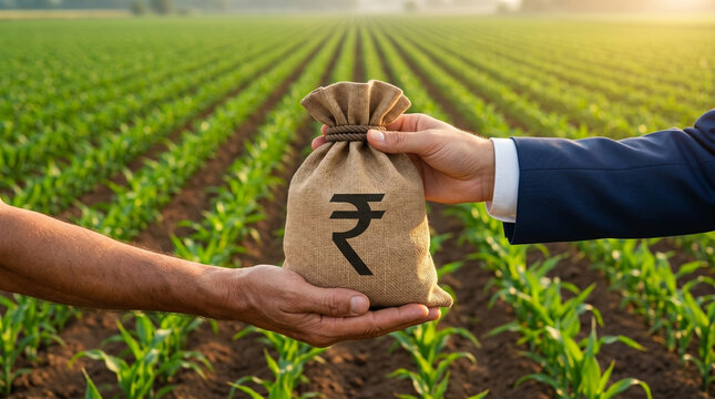 banker offering rupee money bag to farmer in green farmland for agricultural finance crop loan subsidy and rural banking support concept