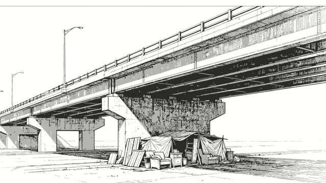 Detailed pen and ink architectural illustration of a makeshift homeless shelter beneath a massive concrete highway overpass on a vacant urban roadside