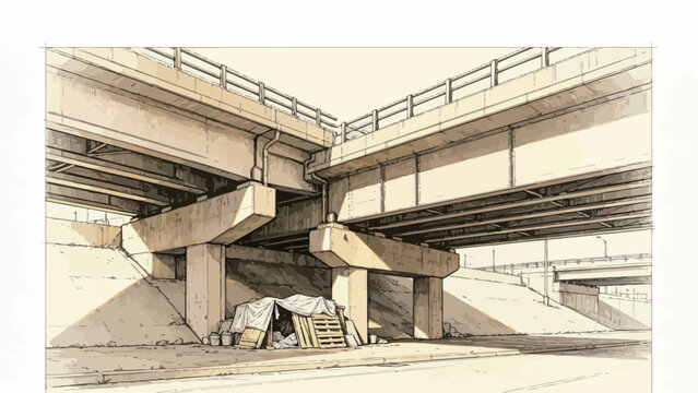 Technical Pen and Sepia Wash Architectural Sketch of Makeshift Tarp and Pallet Homeless Camp Beneath Massive Concrete Highway Overpass