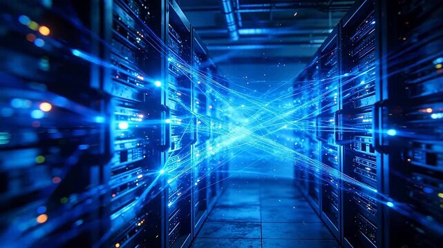 Server room interior with rows of black racks and blue data connection lights