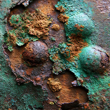Close-up of Corroded Metal Surface with Green Patina and Rust &mdash; Industrial Texture Abstract Concept