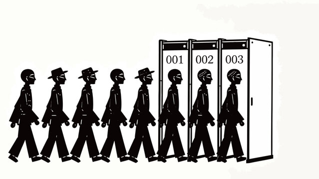 Monochrome minimalist graphic illustration of identical uniformed human figures walking in single file entering numbered booths, representing conformity, dehumanization, and loss of individuality
