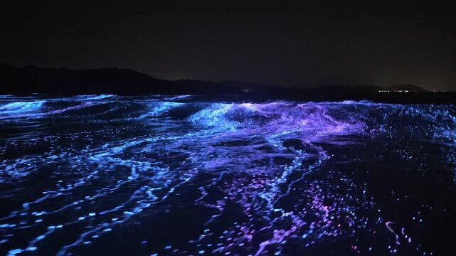 Bioluminescent blue waves crashing on a beach at night with glowing plankton under a dark sky