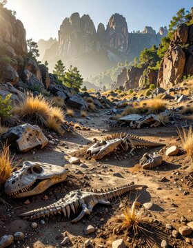 Fossilized dinosaur skeletons lie on a dry path leading to majestic mountains, bathed in sunlight