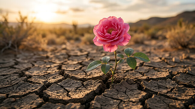 Delicate pink rose blooming in arid cracked earth with distant mountains at golden hour symbolizing persistence resilience persistence survival environment mountains landscape conditions