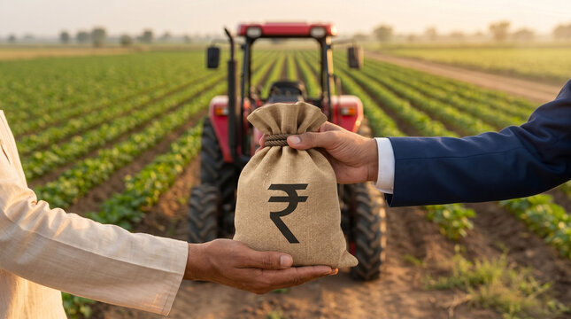 banker offering rupee money bag with modern tractor in farmland for tractor loan agricultural finance rural banking and smart farming support concept