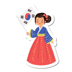 Fototapeta premium Child in traditional Korean dress holding the flag for Korean Constitution Day, isolated on transparent background