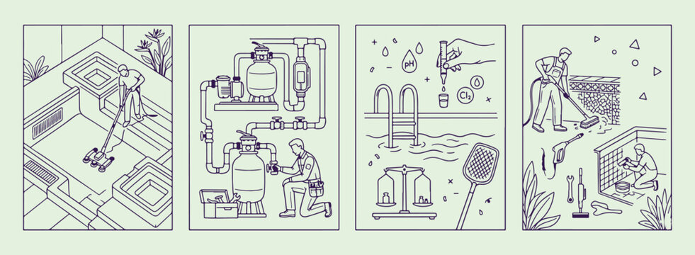 pool filtration system, swimming water maintenance, outdoor leisure activity, pump cleaning service, summer pool care, minimal line art, vector background design
pool, filtration, system, swimming, wa