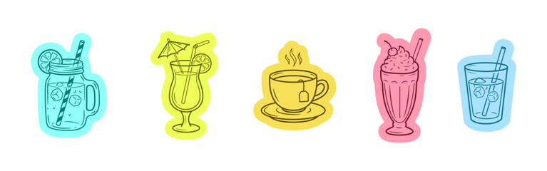 summer drink sticker set cute beverage doodle collection coffee cocktail smoothie juice line art illustration pack © Graphic Land