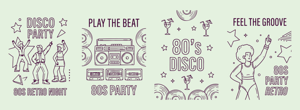 Retro disco party, eighties music vibes, vintage dance floor, festive club imagery, creative line art illustration, minimal vector graphic, clean style
retro, disco, party, eighties, music, vibes, vin