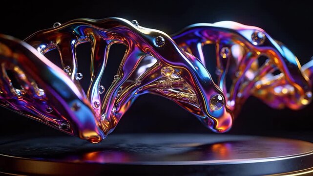 Colorful liquid double helix DNA structure with bubbles on dark background and platform reflection